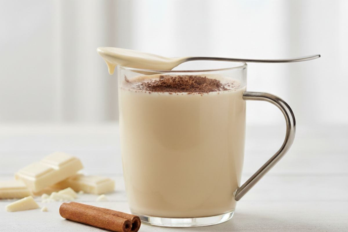 tazza con cioccolata calda bianca e cucchiaino sporco