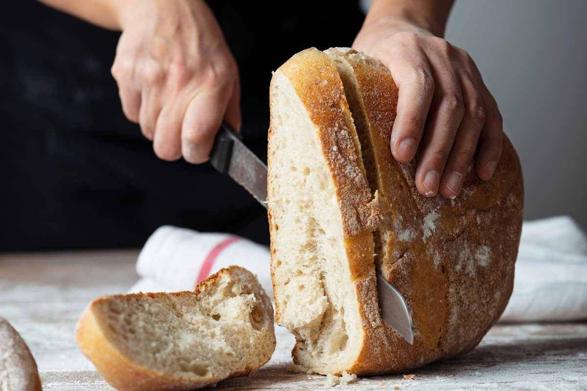 persona che taglia la pagnotta di pane