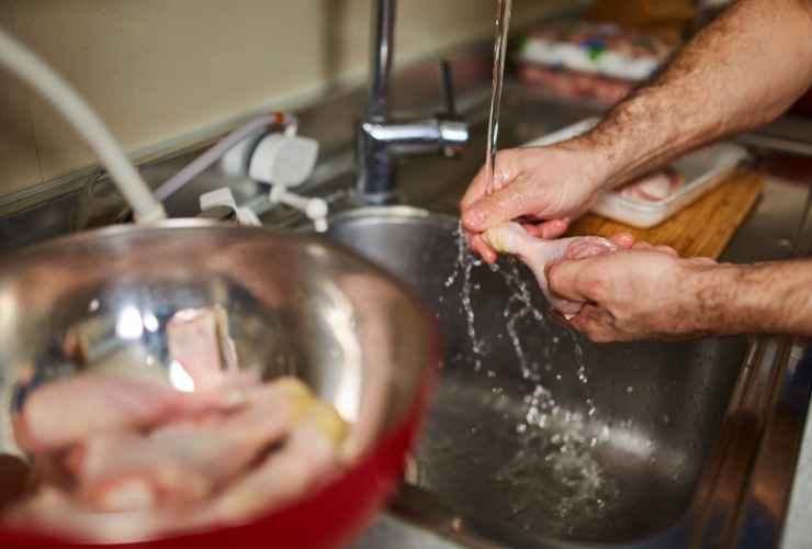 persona che lava le cosce di pollo