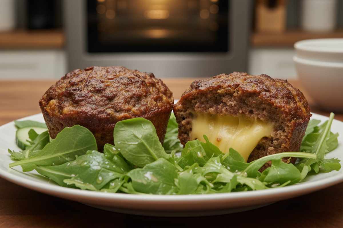 cupcake di carne con formaggio filante in piatto con insalata