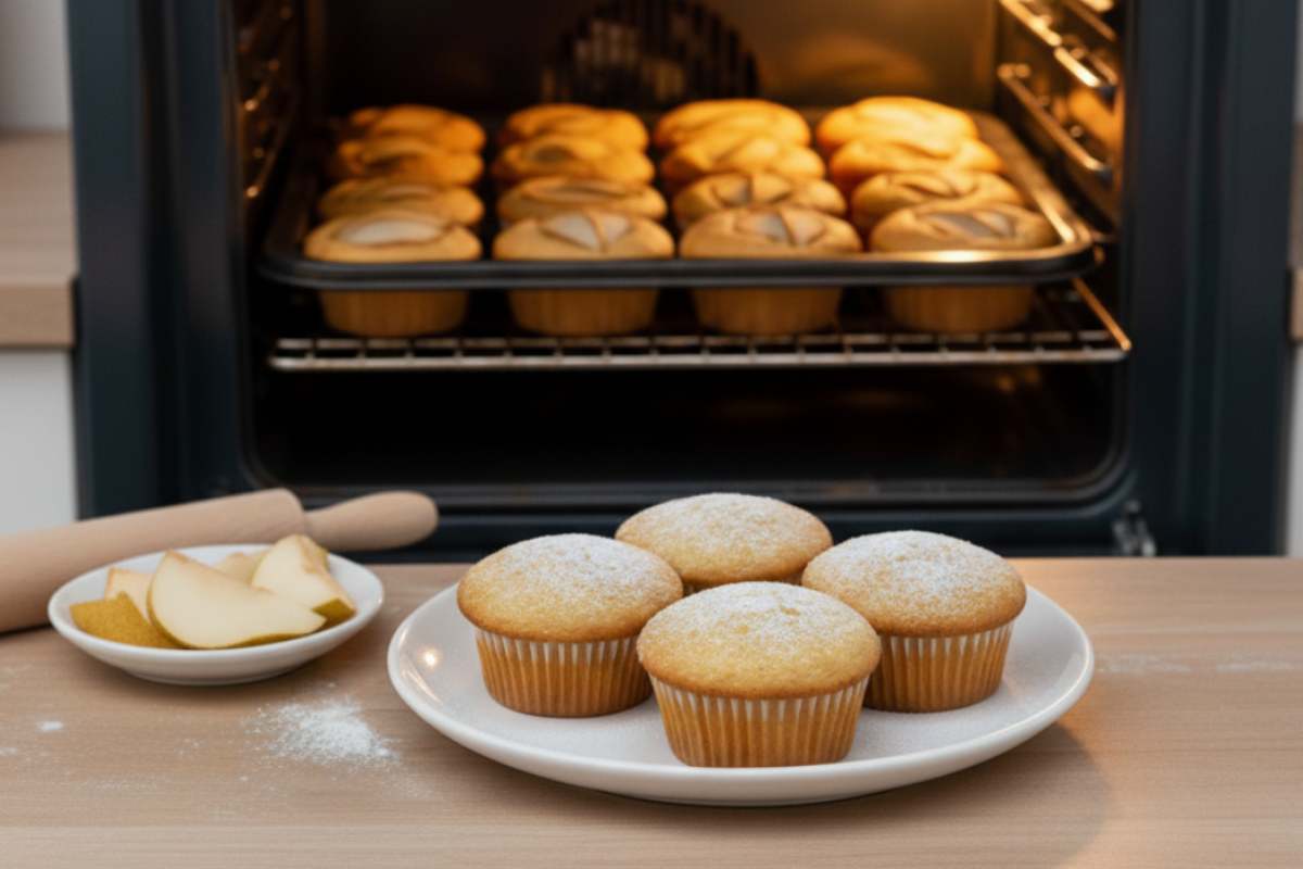 cupcake alle pere in piatto con pezzi di pera e forno alle spalle