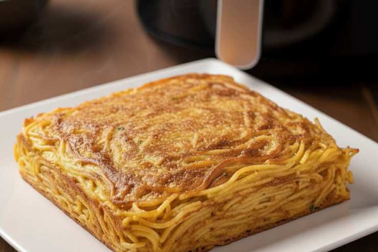 frittata di spaghetti quadrata in piatto bianco