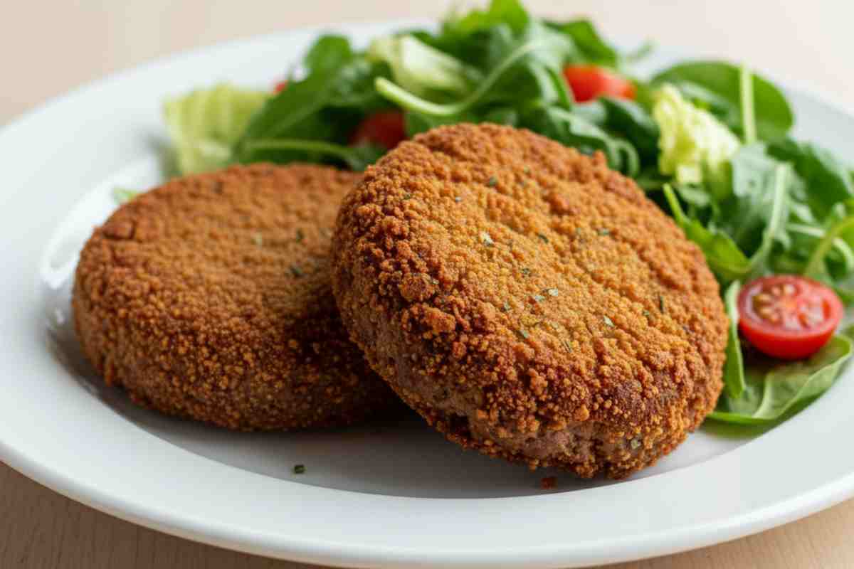 hamburger panati in un piatto con insalata