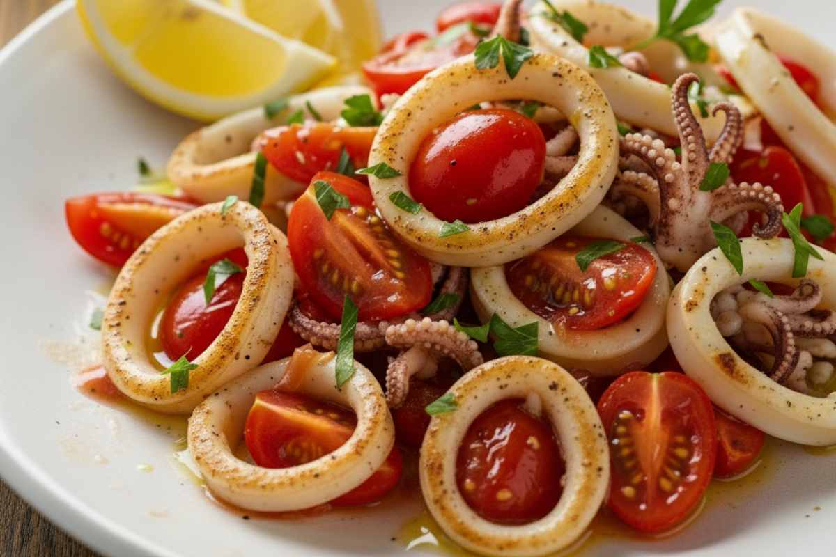 insalata di calamari con pomodori in un piatto