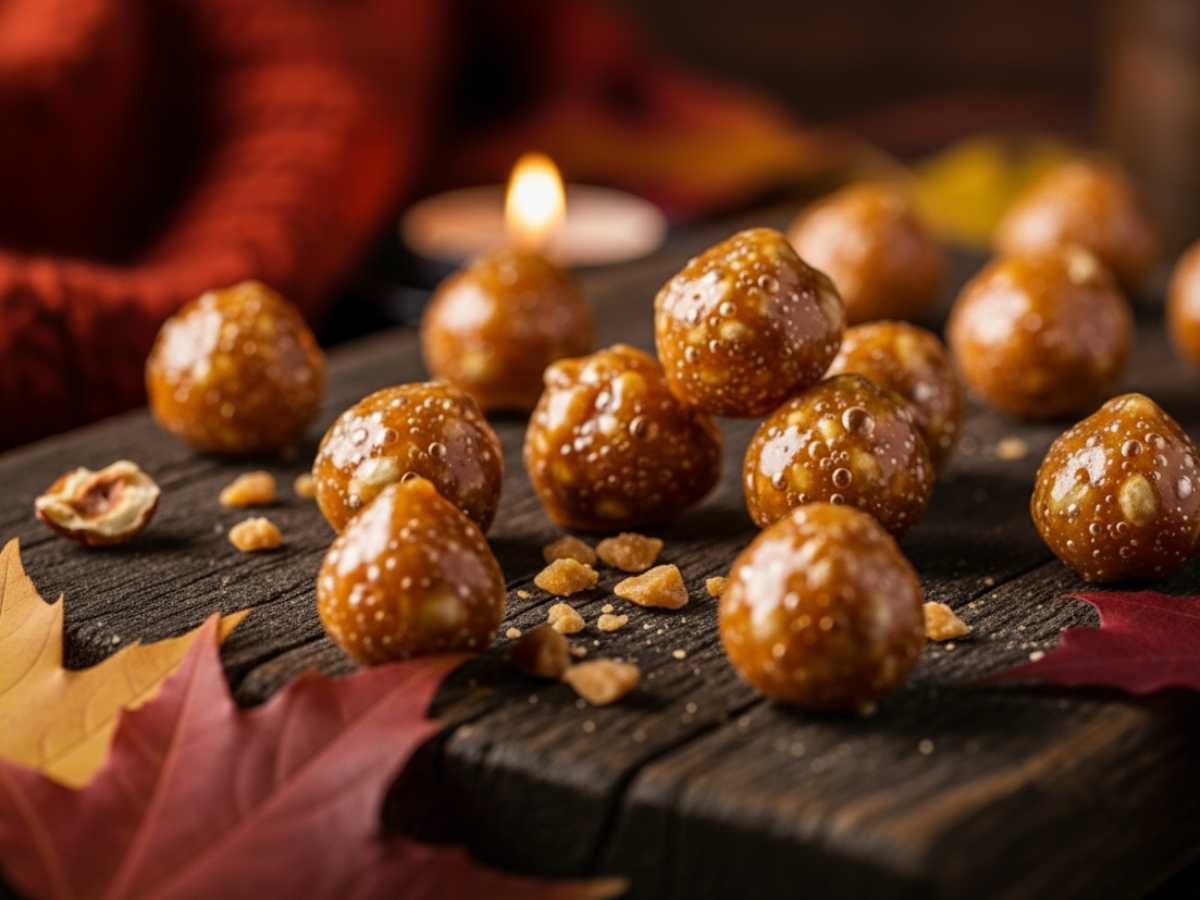 nocciole pralinate su un tagliere con scenario autunnale