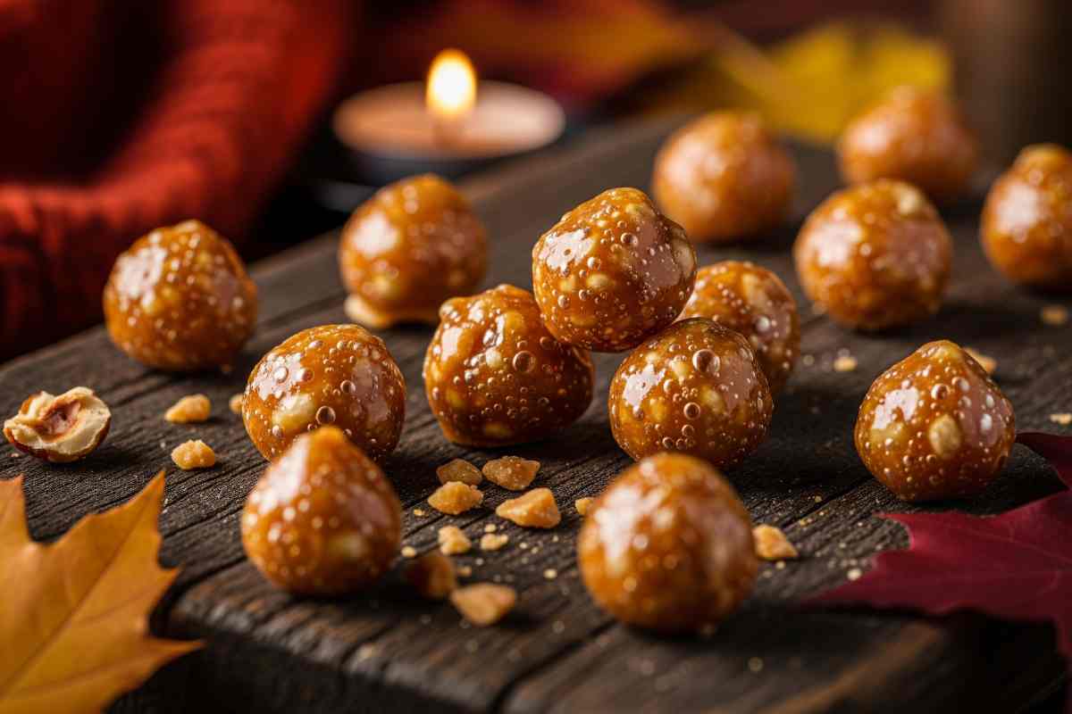 nocciole pralinate al di sopra di un tagliere con foglie secche