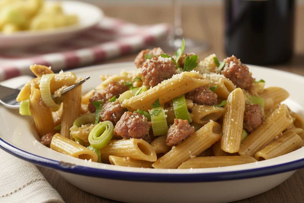 piatto di pasta con porri e salsicce