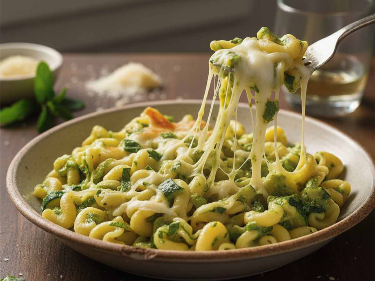 un piatto di pasta riccia con zucchine e provola