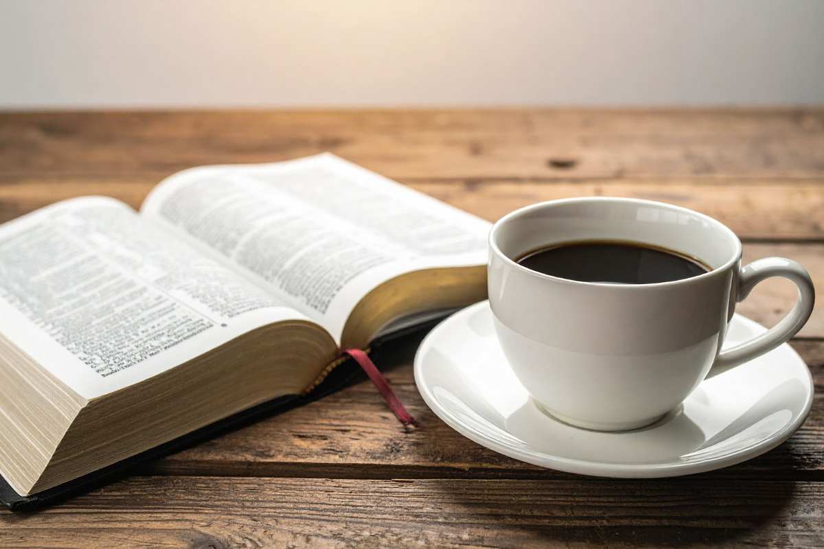 tazzina di caffè e libro aperto