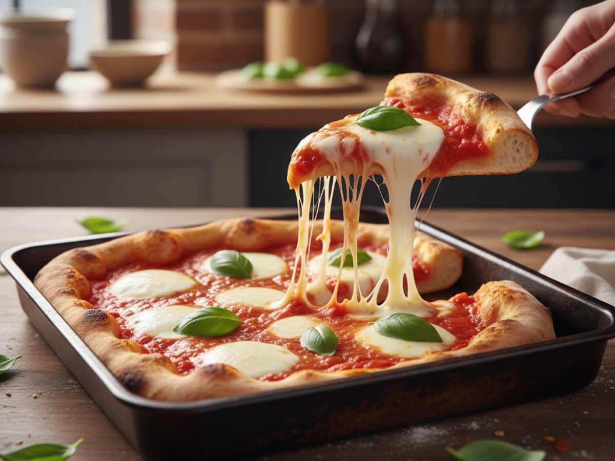 una pizza filante cotta in teglia con basilico pomodoro e mozzarella