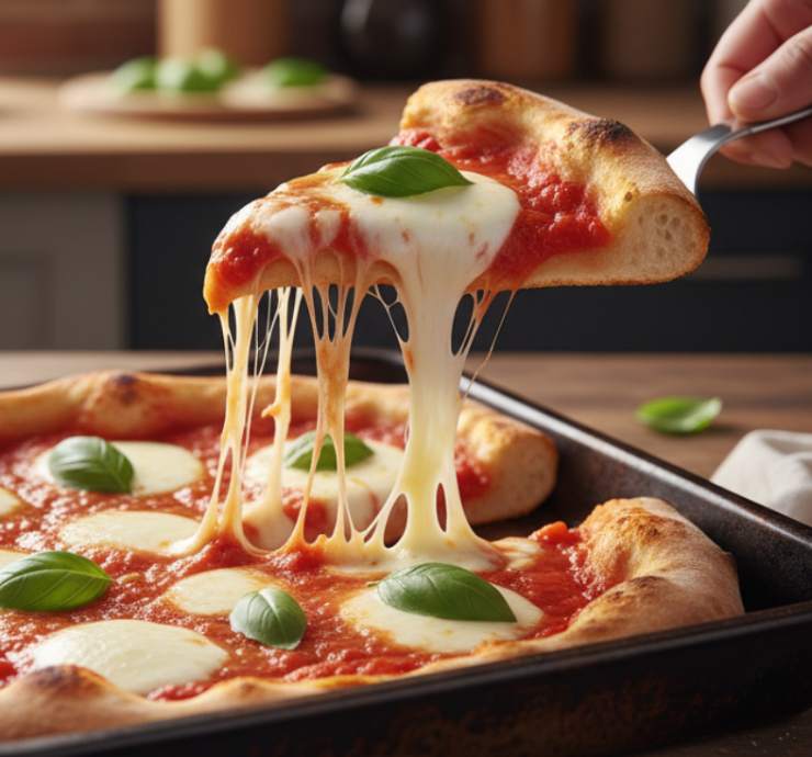 una fetta di pizza in teglia margherita
