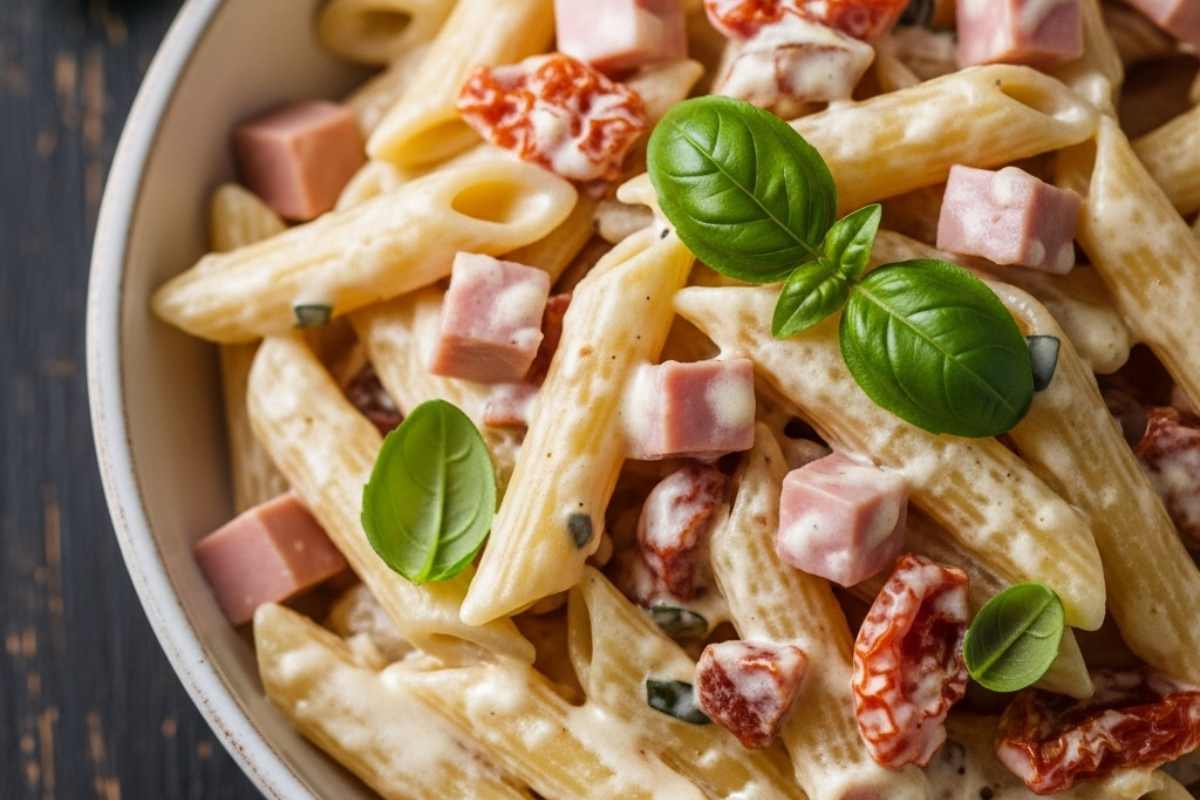 pasta con crema di formaggio mortadella e pomodori