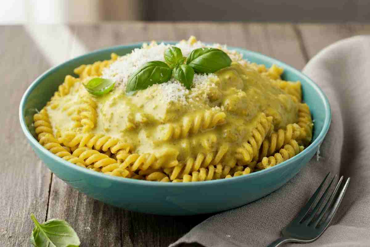 piatto di pasta formato riccioli con crema gialla e pecorino