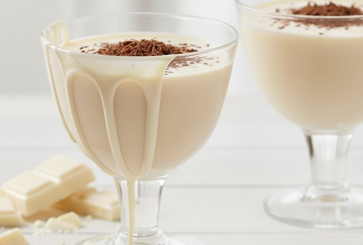 bicchieri con cioccolata calda bianca e scaglie di fondente