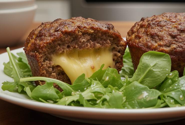 primo piano di cupcake di carne con dentro formaggio dolce sciolto