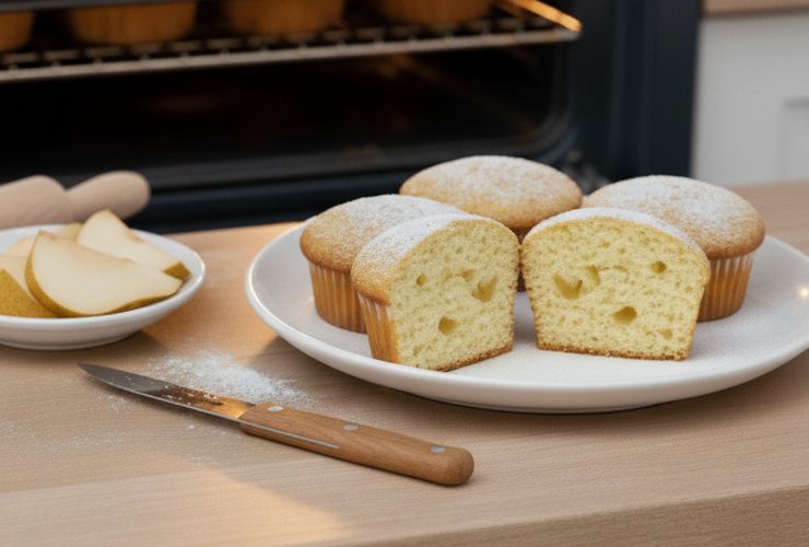 cupcake di pere soffici in un piatto ricoperti di zucchero a velo