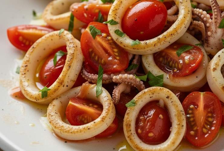calamari all'insalata con pomodori e erbe aromatiche