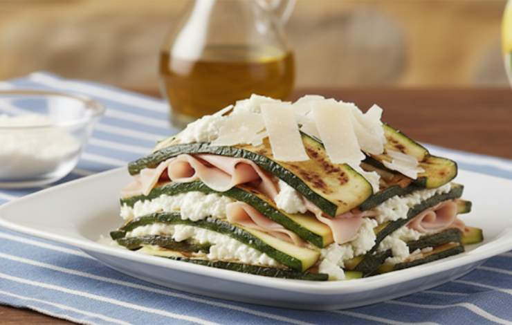 parmigiana di zucchine in piatto con ricotta e prosciutto