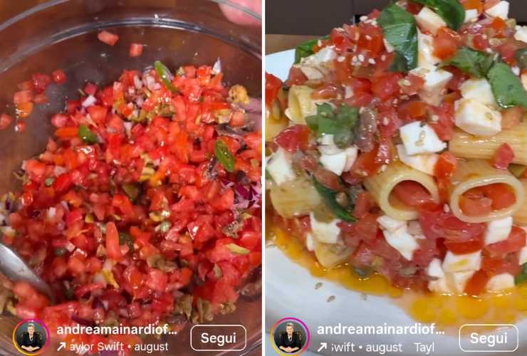 preparazione della pasta fredda con pomodori, olive, capperi
