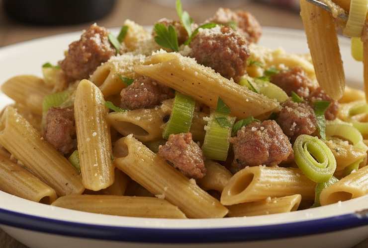 penne condite con porri e salsiccia sbriciolata