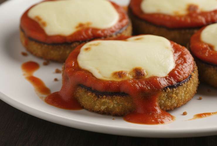 pizzette di melanzane panate con sopra pomodoro e mozzarella