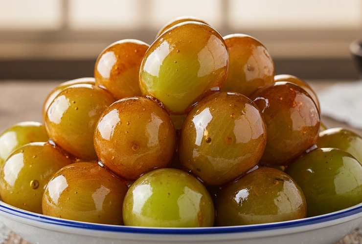 acini di uva ricoperti di caramello trasparente
