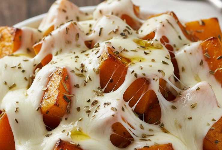 pezzi di zucca ricoperti di mozzarella filante