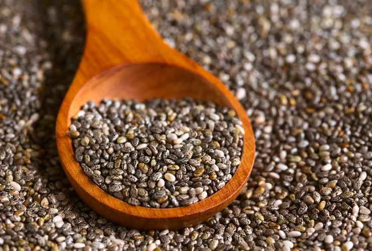 semi di chia e mestolo di legno