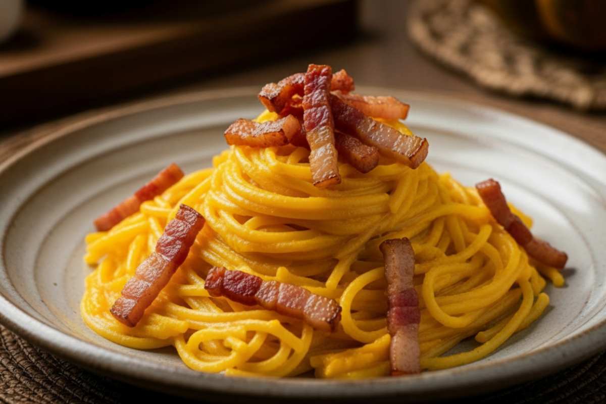 spaghetti con crema di zucca e guanciale croccante in superficie