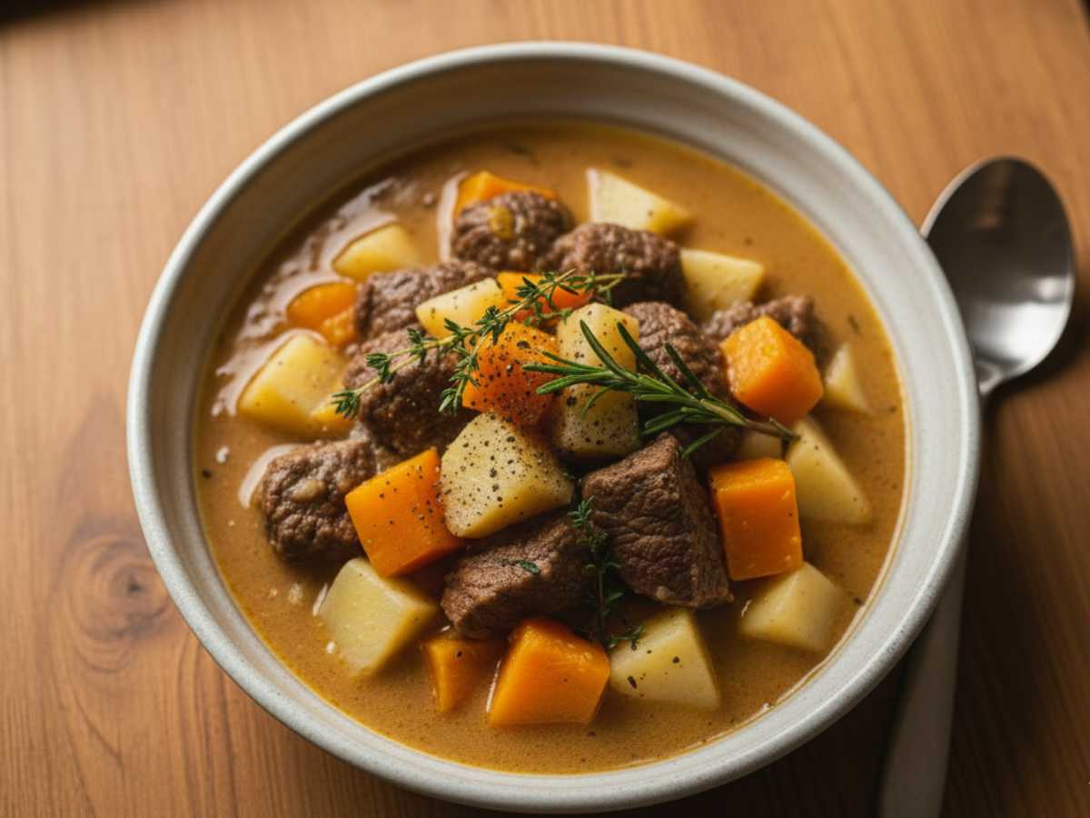 spezzatino in una ciotola con zucca e patate