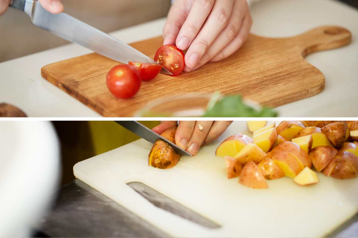 tagliare cibo su tagliere di legno o di plastica