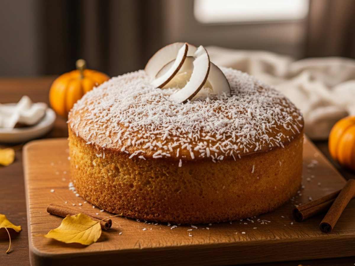 una torta soffice con cocco rapè in superficie