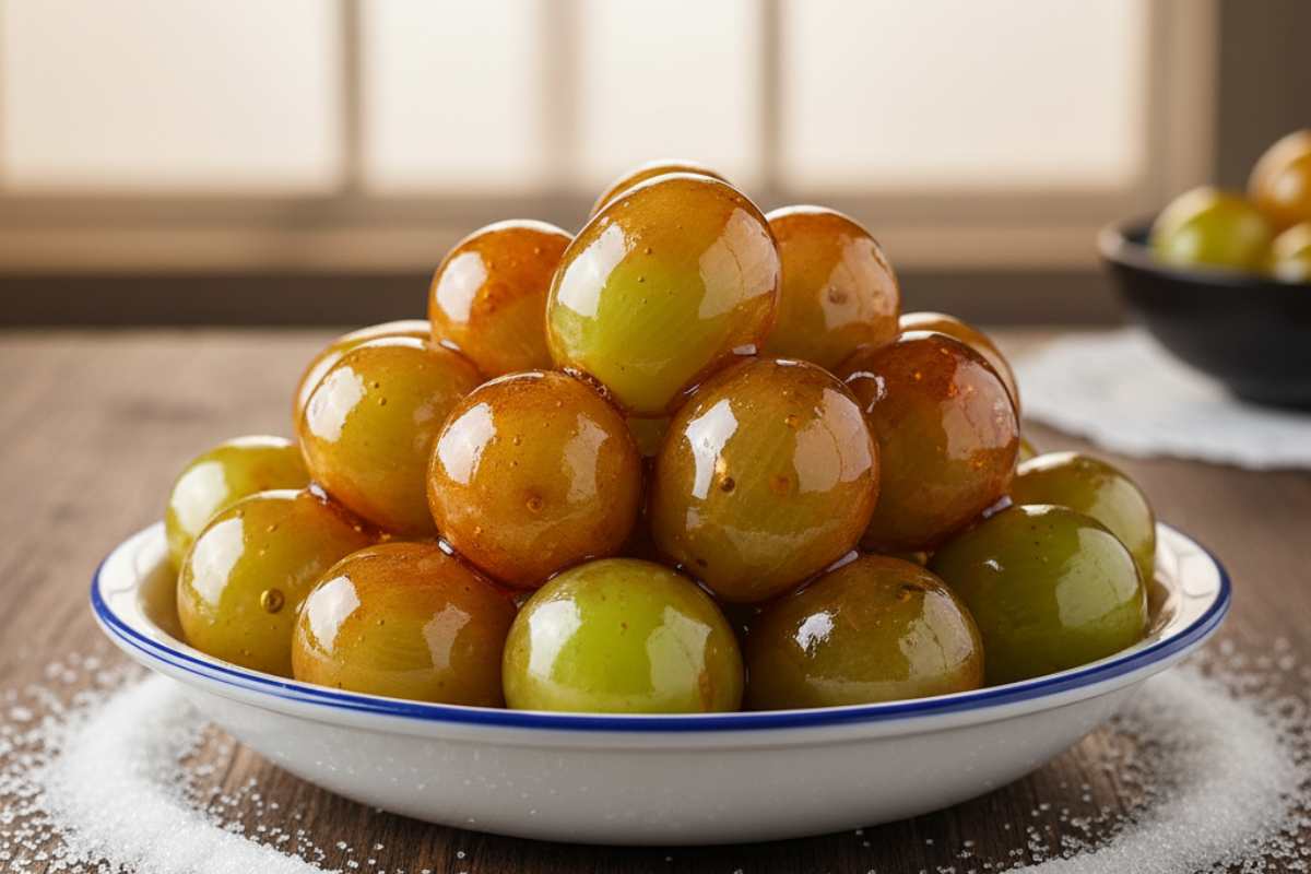 uva caramellata in un piatto con zucchero sparso