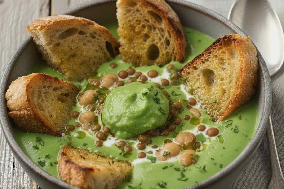 vellutata di zucchine con legumi e fette di pane