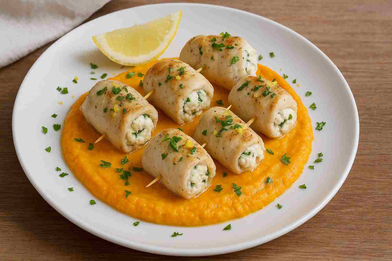 Involtini di tacchino al limone con crema di carote e zenzero