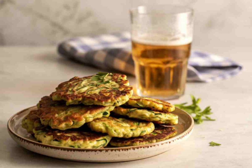 Frittelle di zucchine carote e cipolle in un piatto con dietro un bicchiere di birra
