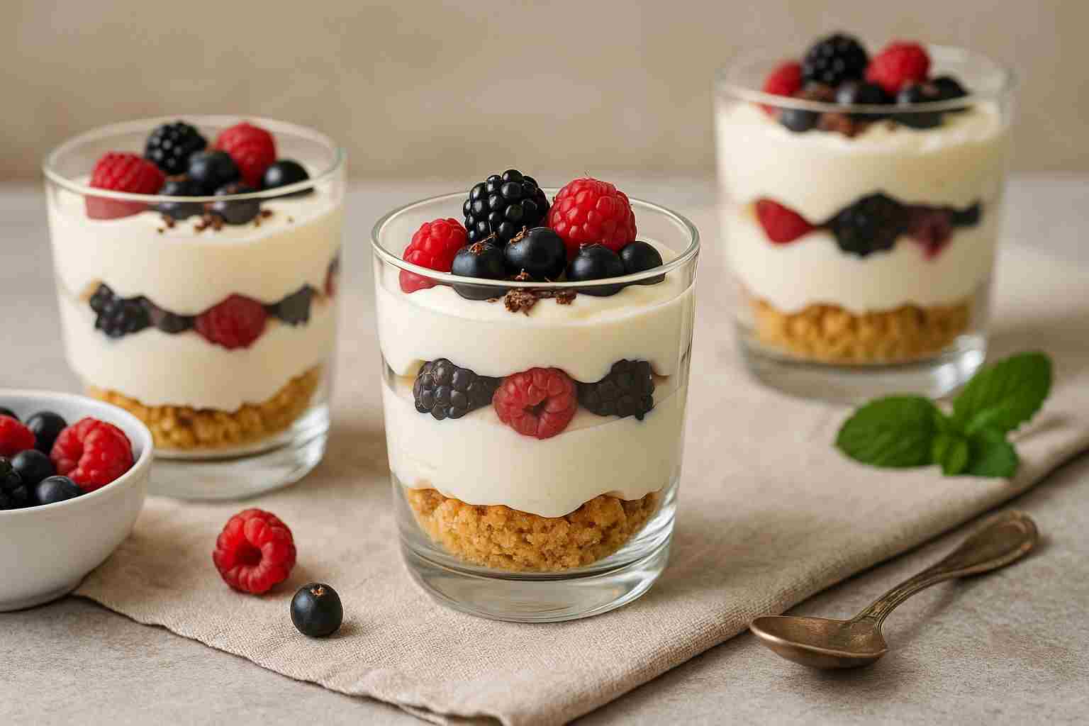 Dei bicchieri di mascarpone con frutti di bosco