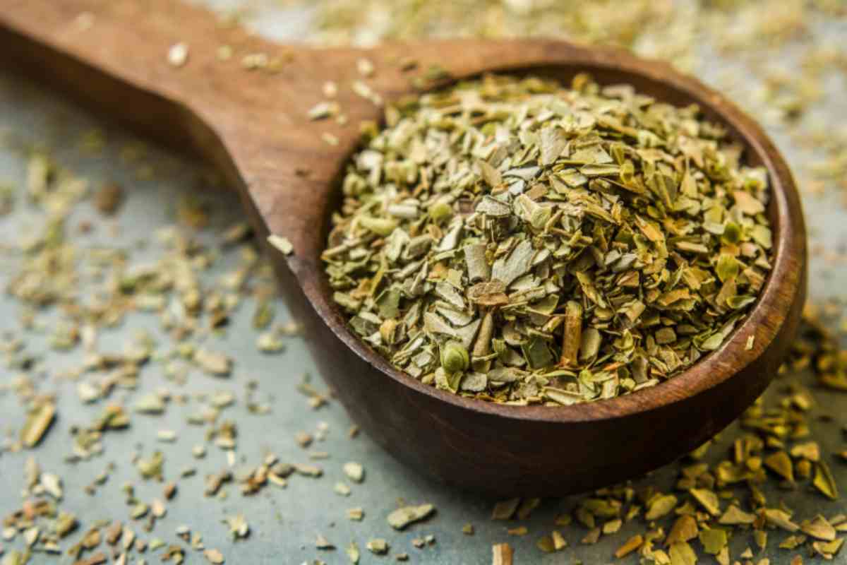 Origano secco in un mestolo di legno