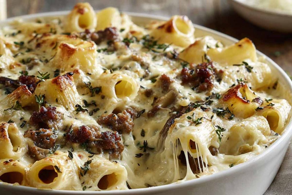 Piatto con pasta gratinata funghi porcini salsiccia luganega e provola affumicata con besciamella