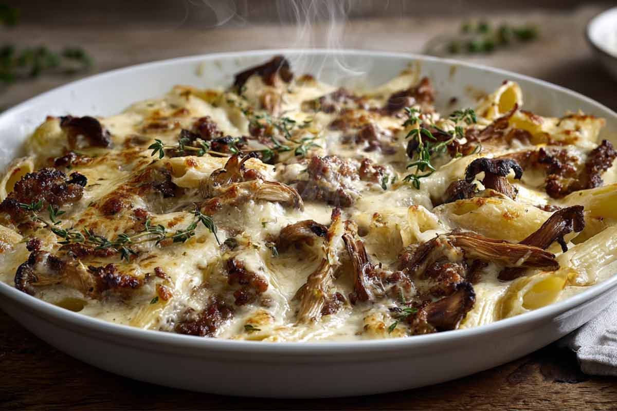 Padella con pasta gratinata funghi porcini salsiccia luganega e provola affumicata con besciamella
