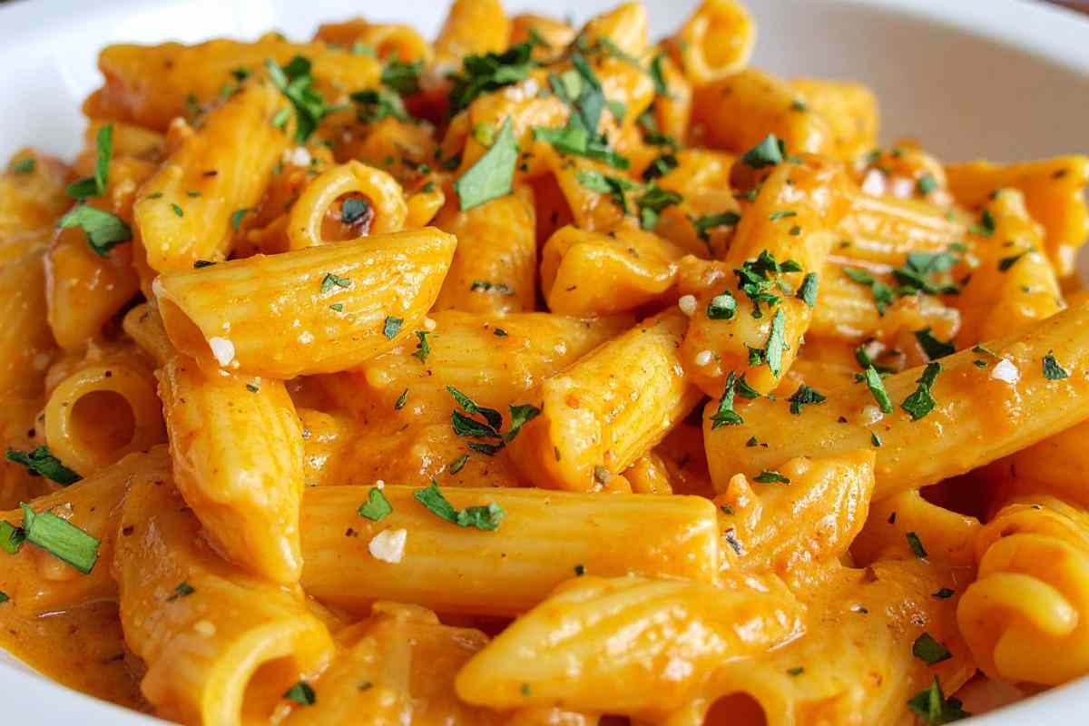 piatto di penne con crema di peperoni e speck