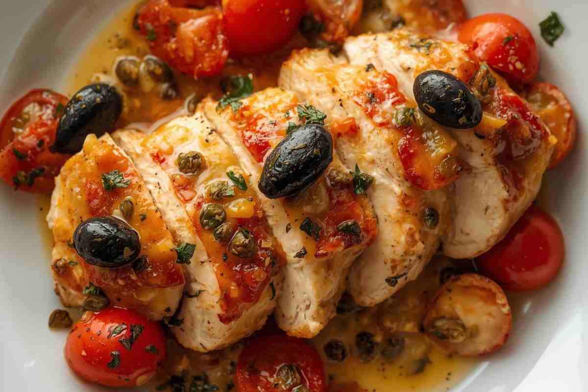 un petto di pollo alla siciliana tagliato a fettine con olive, capperi e pomodorini
