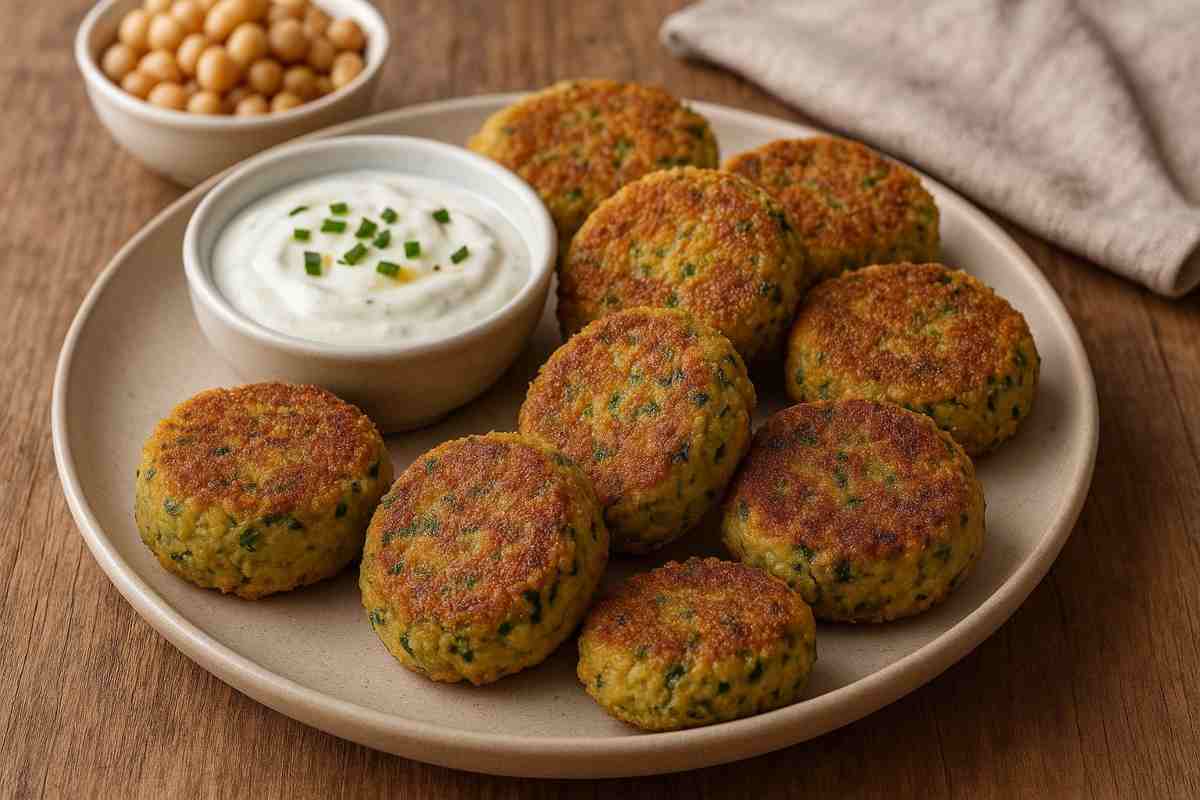 Polpette di ceci e zucchine con salsa allo yogurt servite in un piatto