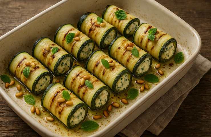 Involtini di zucchine con ricotta ed erbe aromatiche in una pirofila - buttalapasta.it