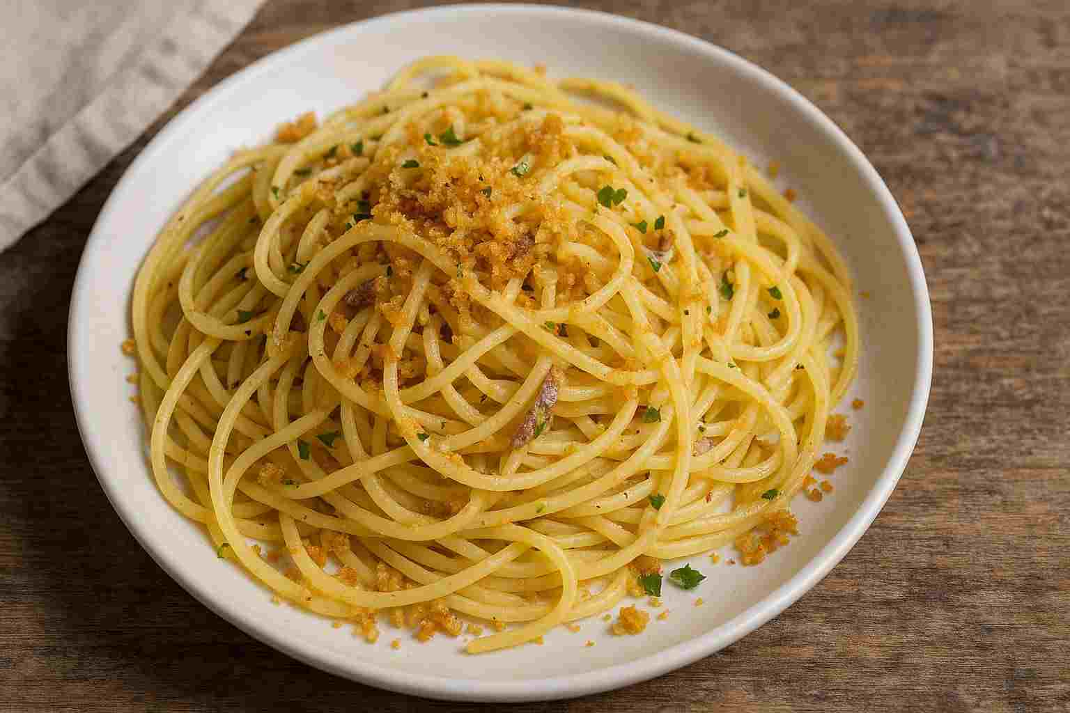 Un piatto di spaghetti aglio, olio, alici e pangrattato croccante:
