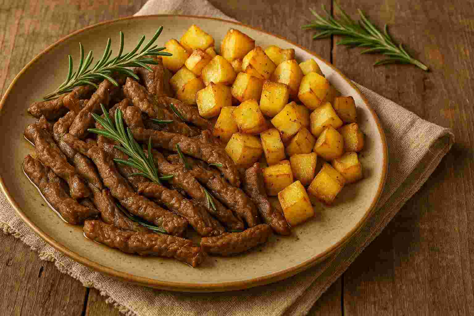 Straccetti di manzo al rosmarino e patate in un piatto