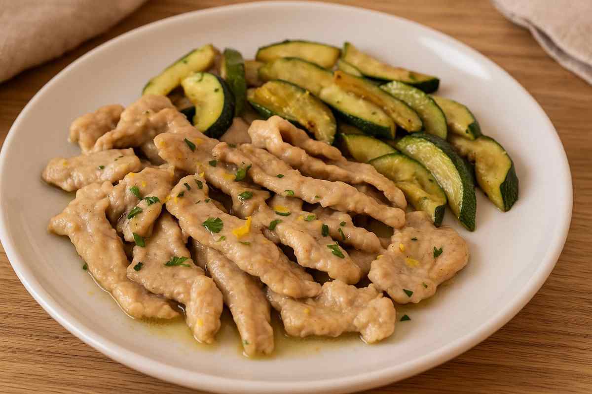 Gli straccetti di vitello al limone con zucchine in un piatto