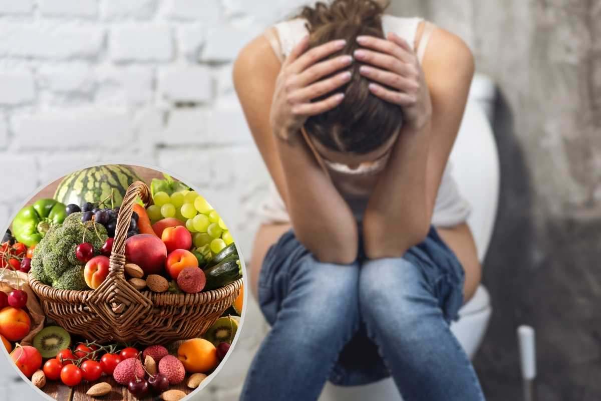 donna seduta sul wc con le mani in testa e alimenti nel riquadro