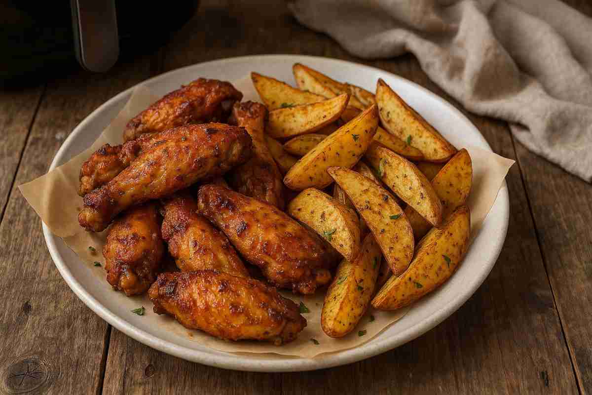 Alette di pollo speziate con patate rustiche in un piatto