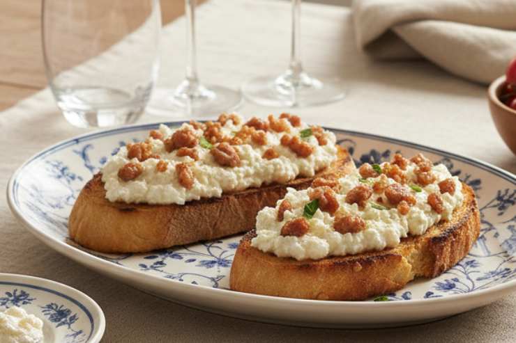 bruschette ricoperte di crema di ricotta con salsicce sbriciolate